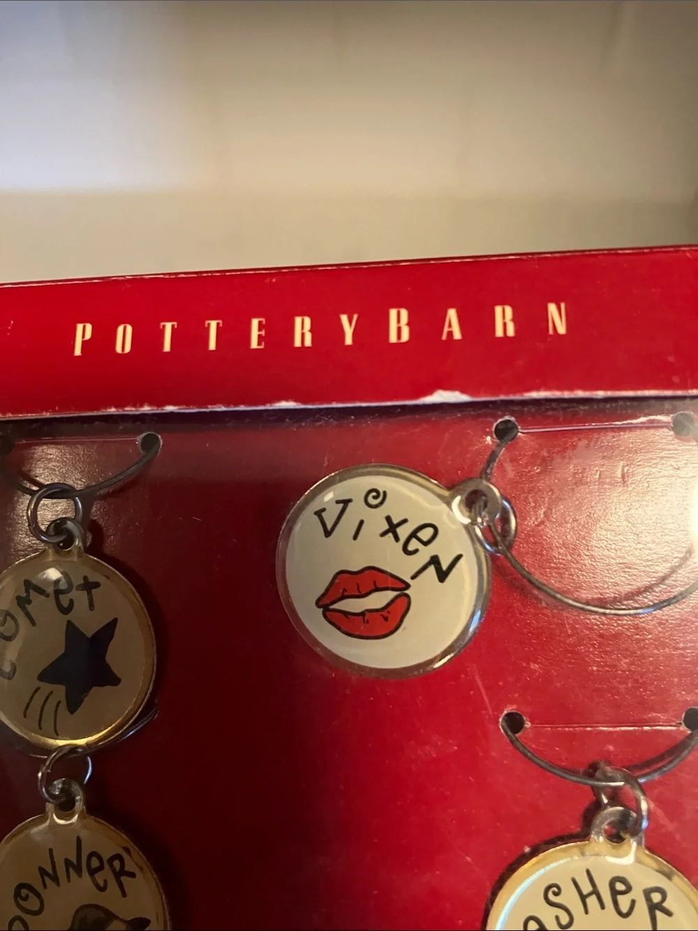 Vintage circa 2000s Pottery Barn Reindeer Wine Charms, original boxed set